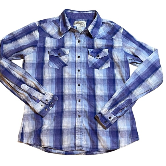 WRANGLER Pearl Button‎ Down Shirt Woman’s Small Purple Blue Cowgirl Country - Picture 1 of 4